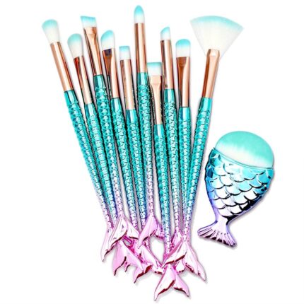 12-Piece Mermaid Makeup Brush Set - Blue Pink