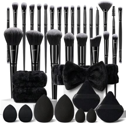 36-Piece Black Makeup Brush Set with Sponges